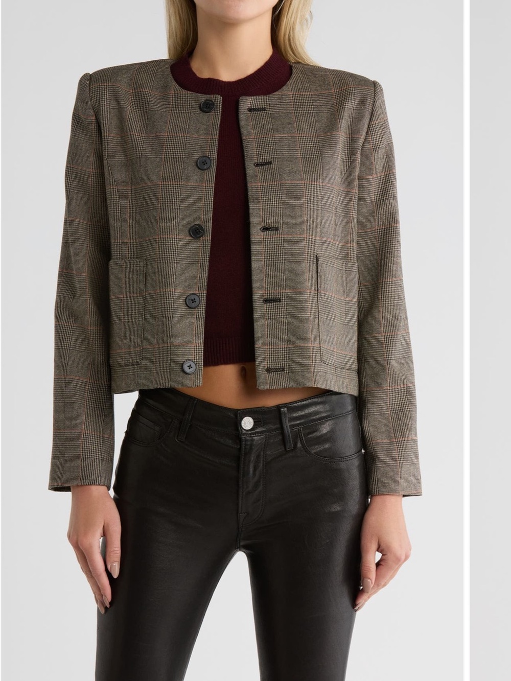 Frame Denim Cropped Plaid Blazer in Brown and Black